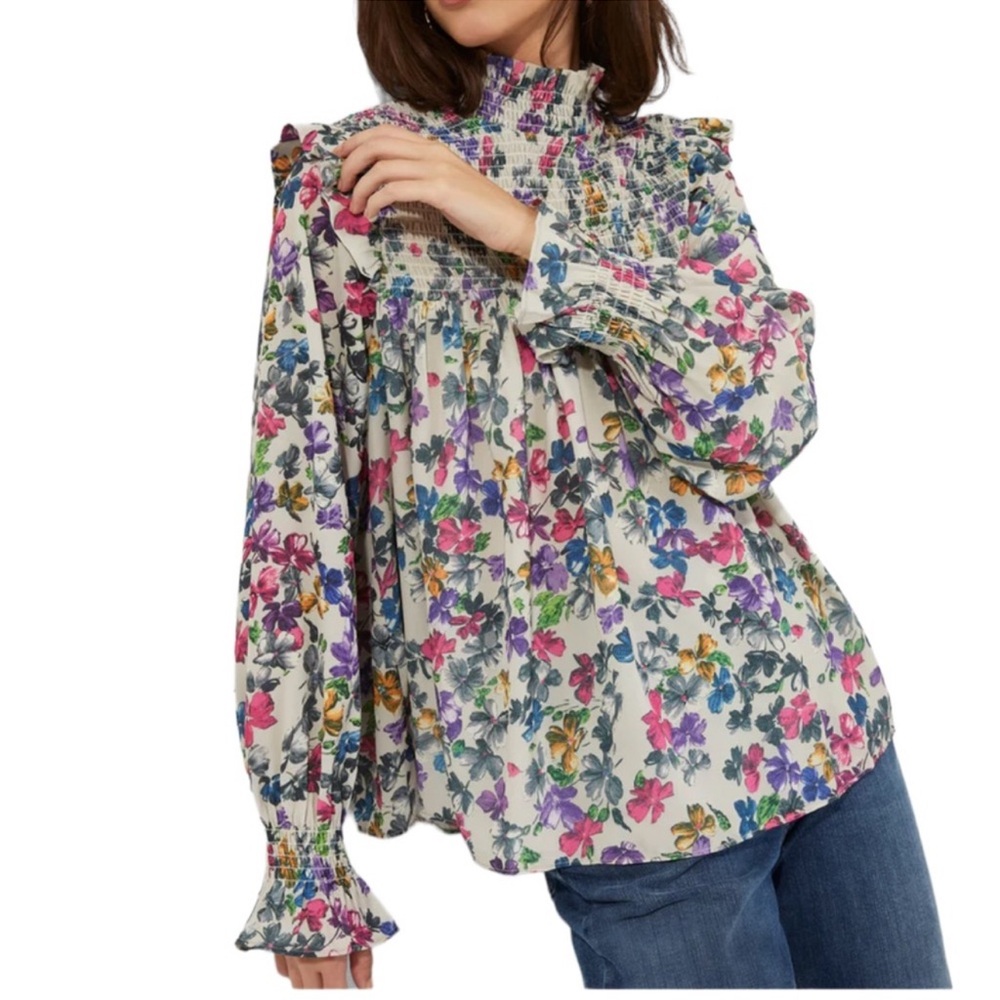 French Connection NWT high neck puff long sleeve floral modest chic blouse large